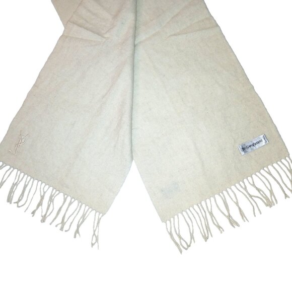 Yves Saint Laurent YSL Cream Ivory Embroidered Wool Fringed Scarf Pre-Owned - Picture 5 of 7